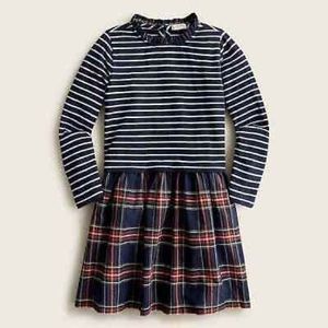 Crewcuts Girls Ruffleneck Mixy Dress In Navy Stripe and Plaid Size Medium (8-9)